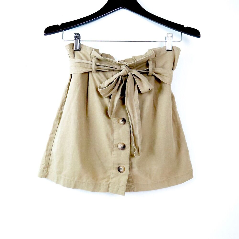 Topshop US 6 Woven Linen Blend Belted Paperbag Waist Mini Skirt Tan